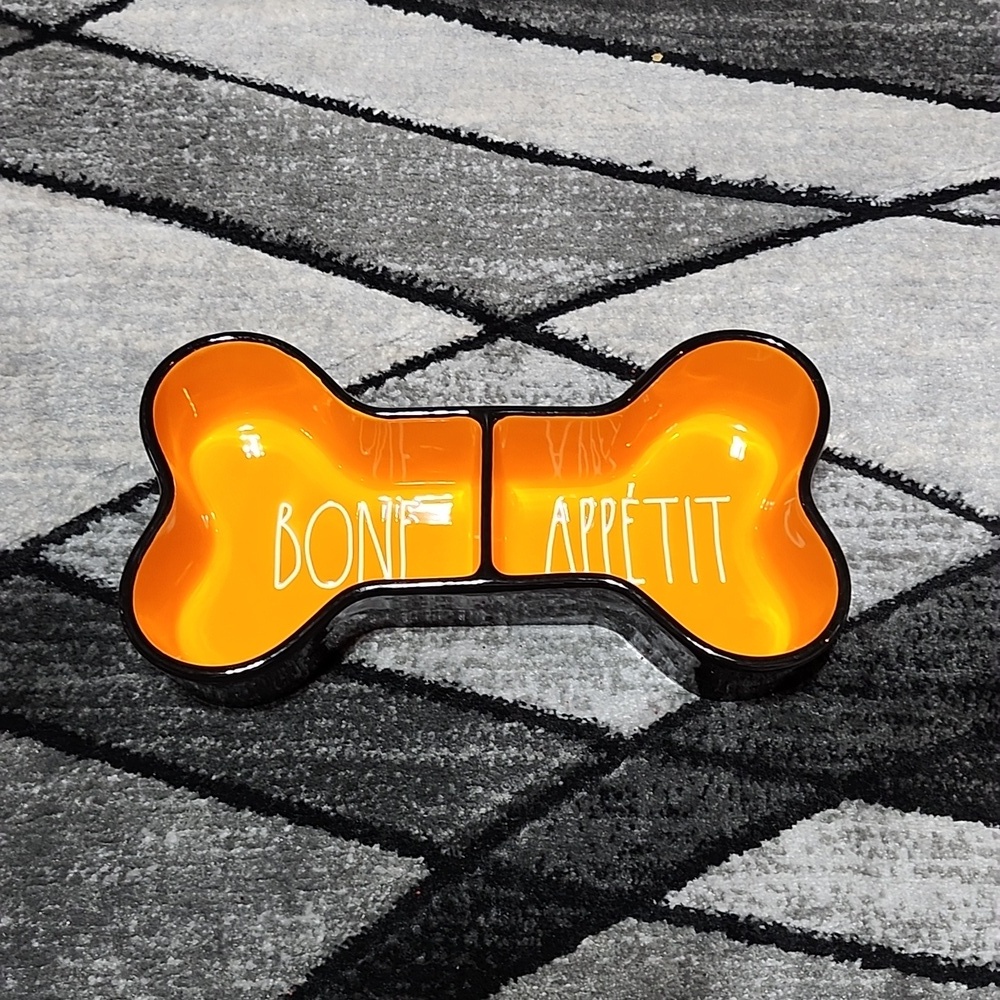 RAE DUNN ARTISAN COLLECTION BONE APPETIT PET BOWL BLACK & ORANGE NWOT